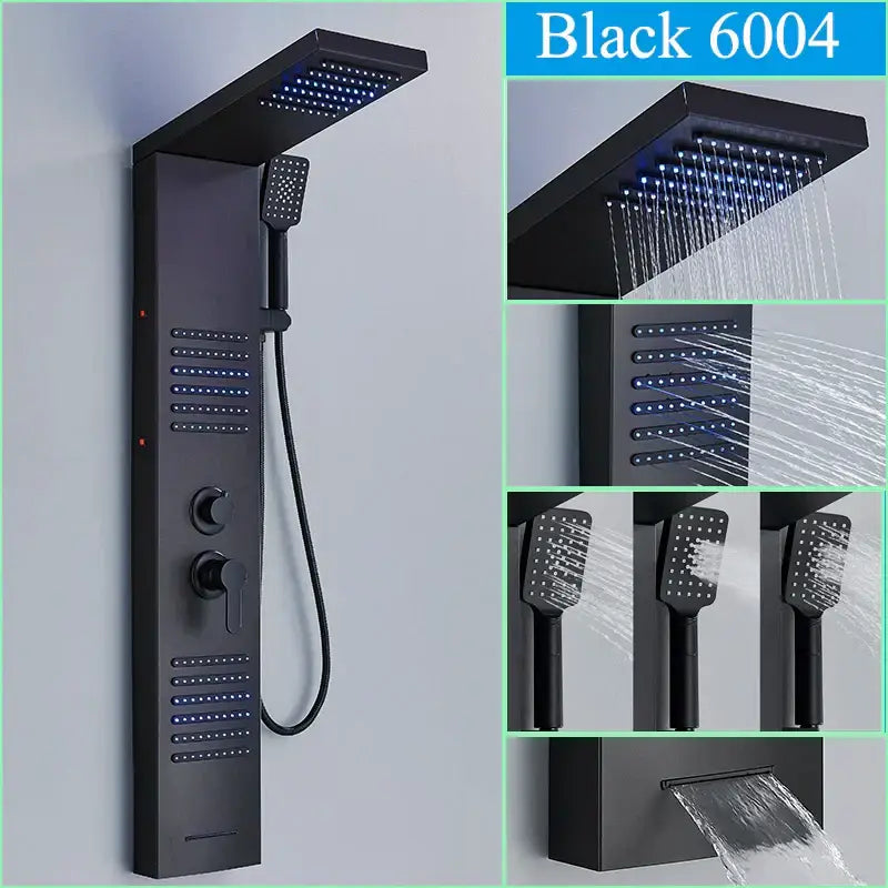 Black LED Shower Panel Brushed Gold Massage