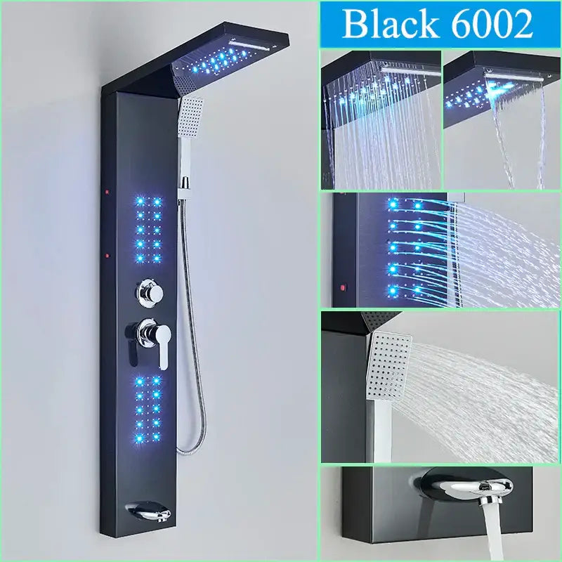 Black LED Shower Panel Brushed Gold Massage