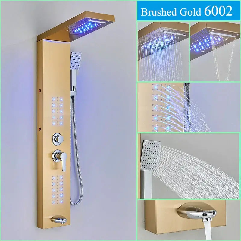 Black LED Shower Panel Brushed Gold Massage