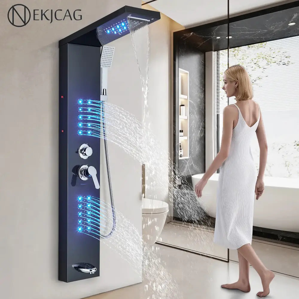 Black LED Shower Panel Brushed Gold Massage