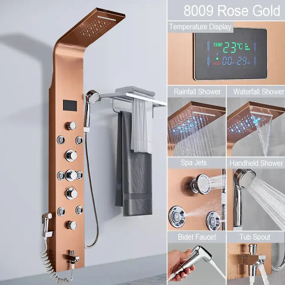 Black LED Shower System Rose Gold Massage