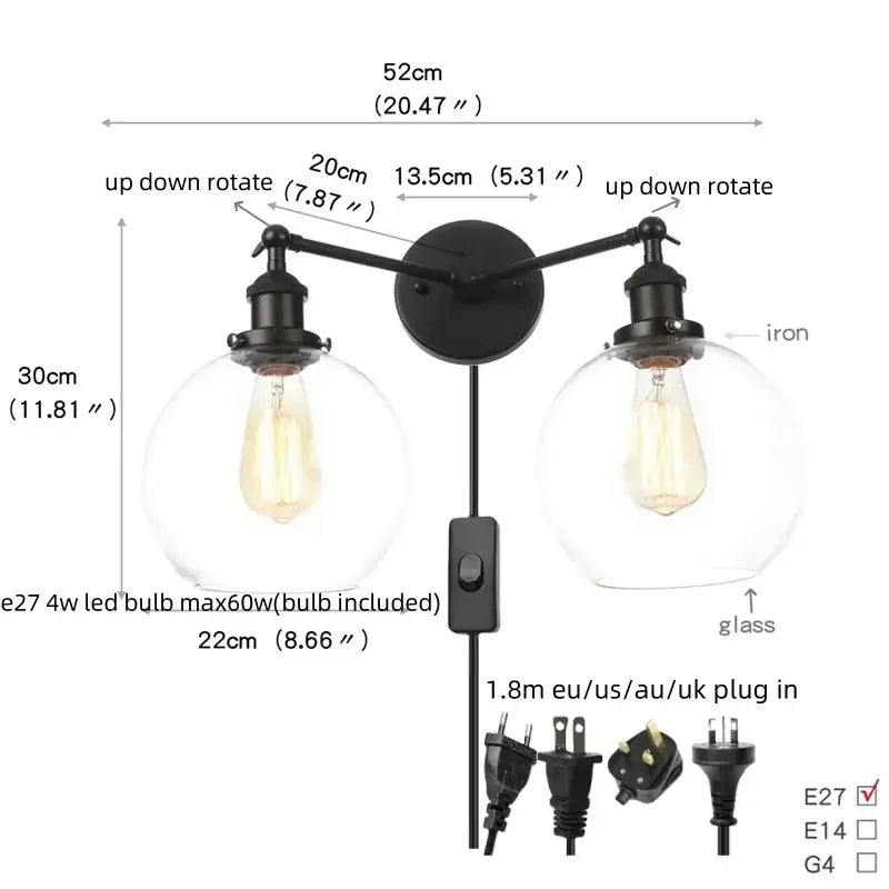 Black Glass Wall Sconce with Pull Chain