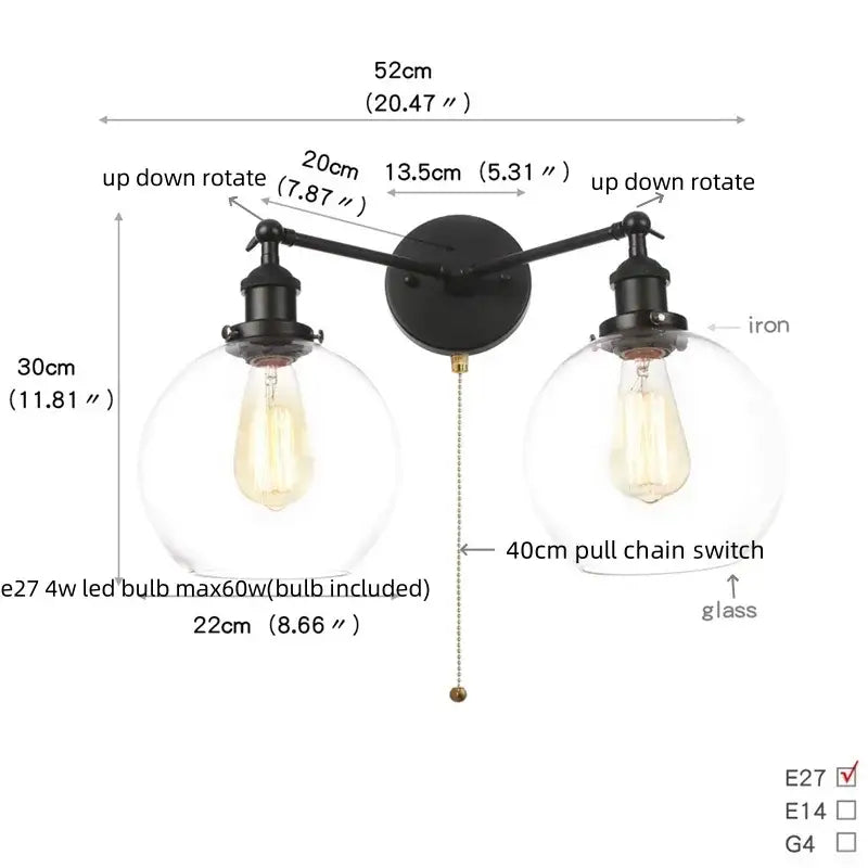 Black Glass Wall Sconce with Pull Chain