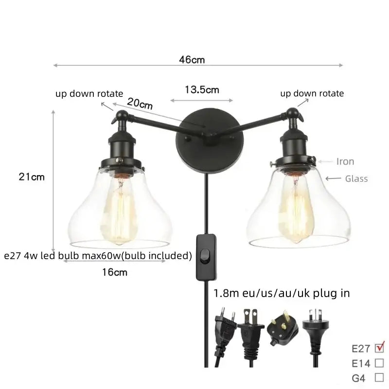Black Glass Wall Sconce with Pull Chain