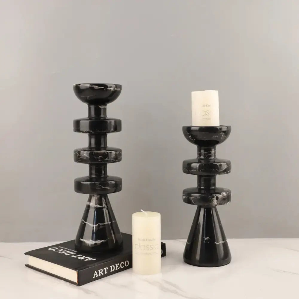 Black Marble Candle Holder 30cm Resin