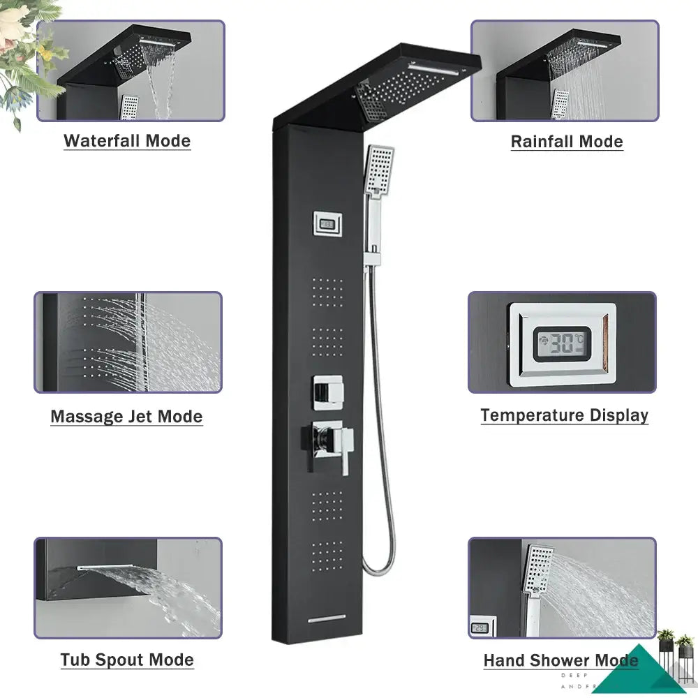 Black Stainless Shower Panel Rainfall Massage