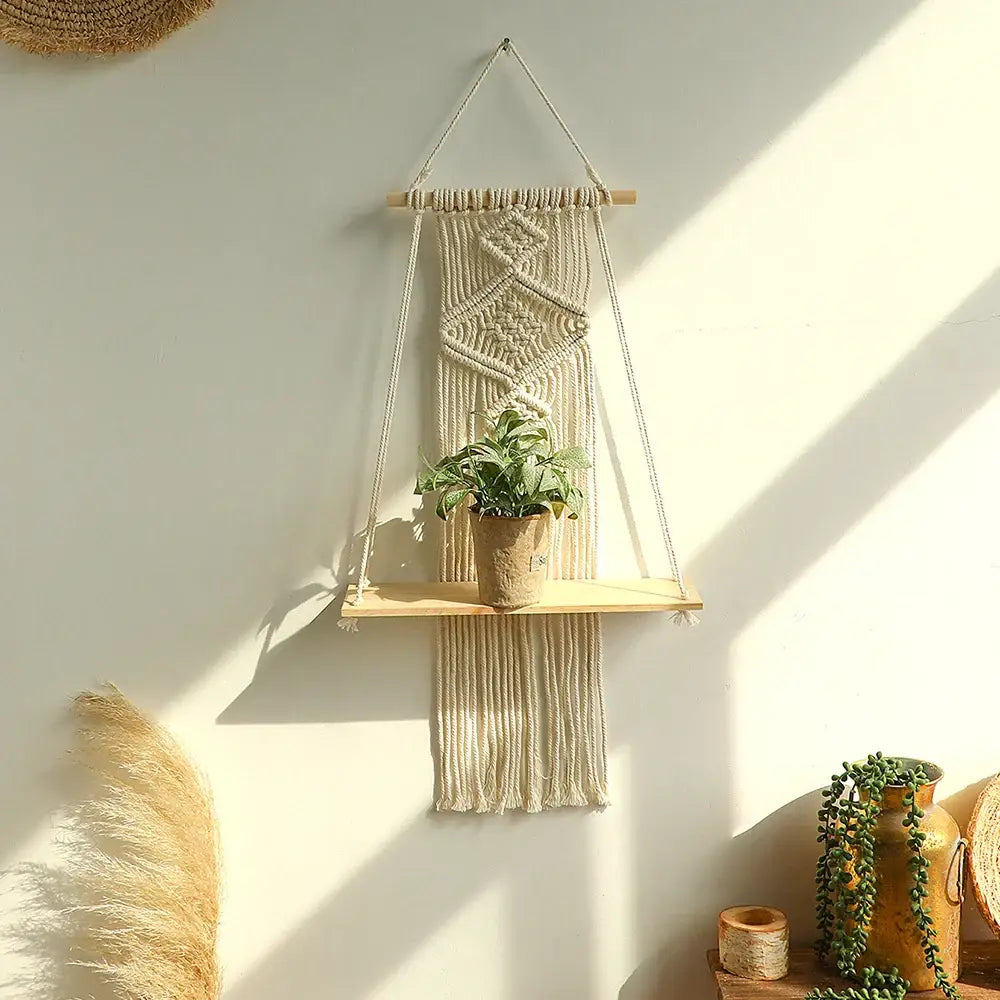 Beige Macrame Wood Shelf