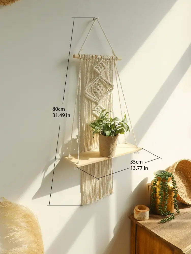 Beige Macrame Wood Shelf