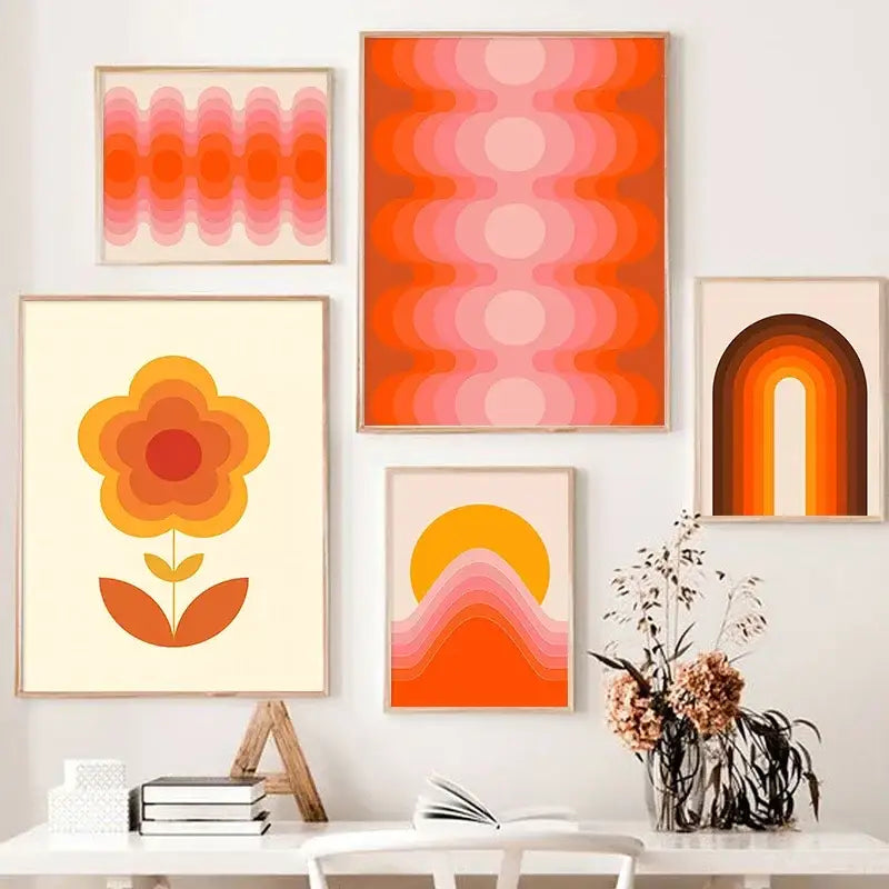 Boho Sunset Retro Stripe Art Prints Set