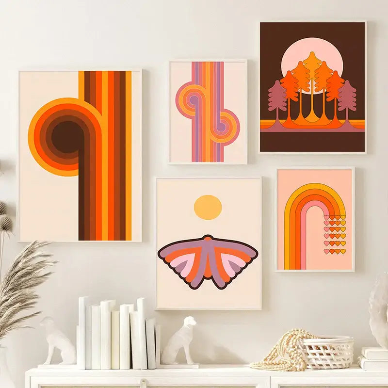 Boho Sunset Retro Stripe Art Prints Set