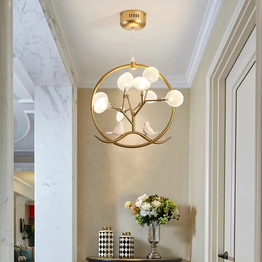 Black Gold Branch Chandelier with Bird Accents