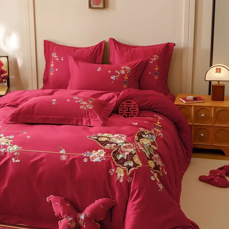 Red Embroidered Cotton Bedding