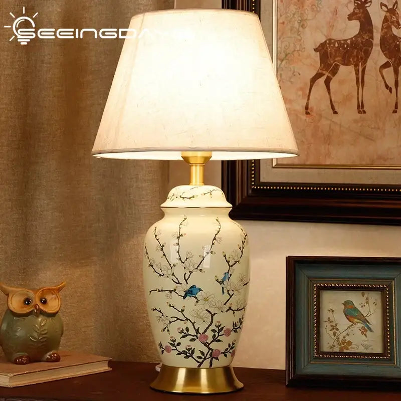 Yellow Ceramic Table Lamp Cherry Blossom Design