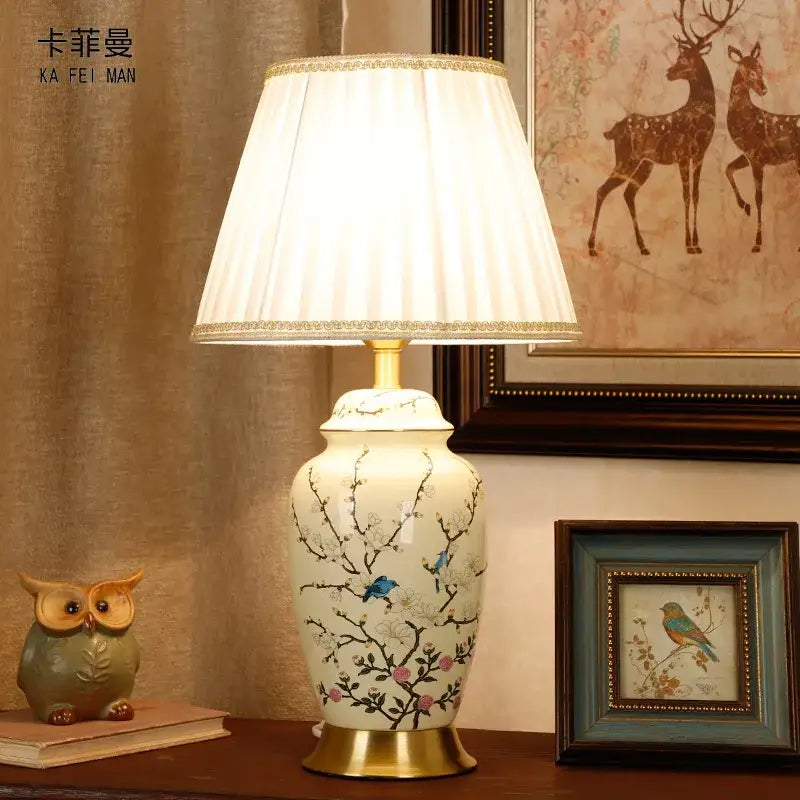 Yellow Ceramic Table Lamp Cherry Blossom Design