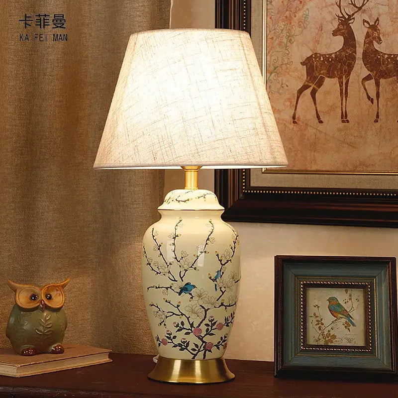 Yellow Ceramic Table Lamp Cherry Blossom Design