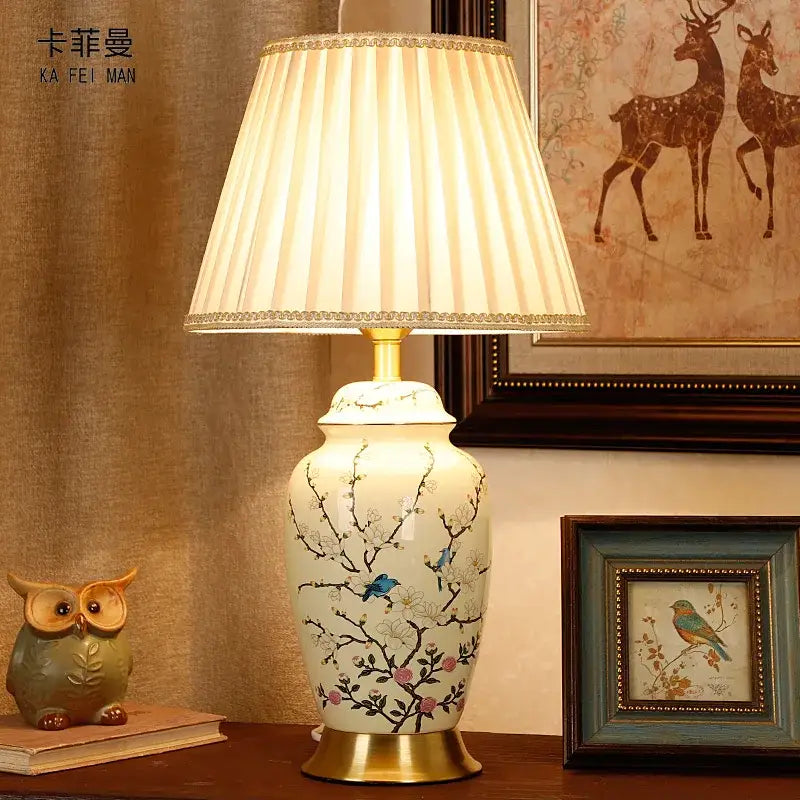 Yellow Ceramic Table Lamp Cherry Blossom Design
