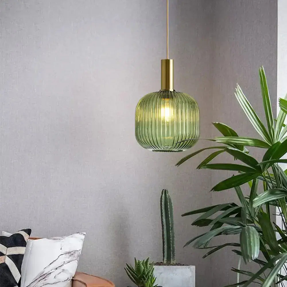 Amber Ribbed Glass Pendant Light