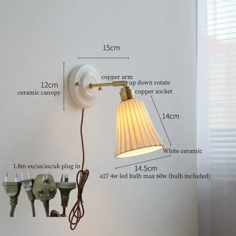 White and gold copper ceramic led wall lamp for living room