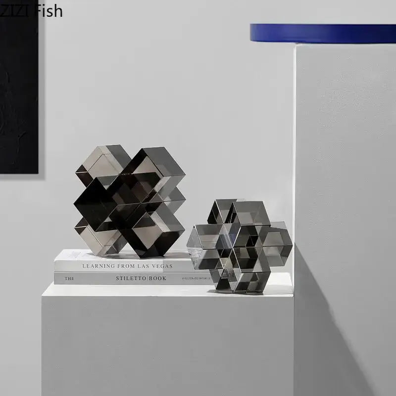 Black Geometric Glass Sculpture with Interlocking Design