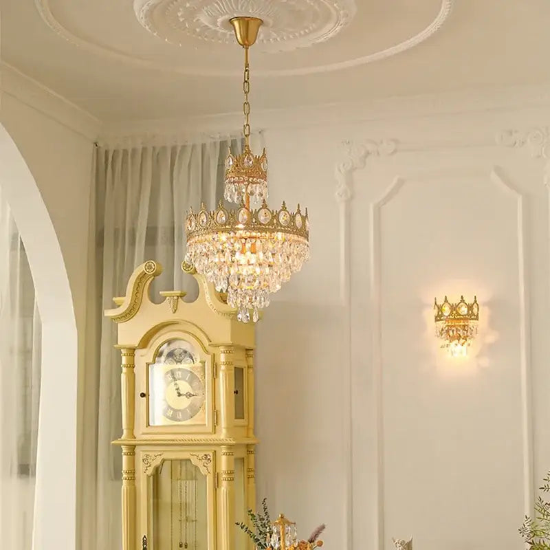 Gold Crystal Pendant Light with Crown-Shaped Design
