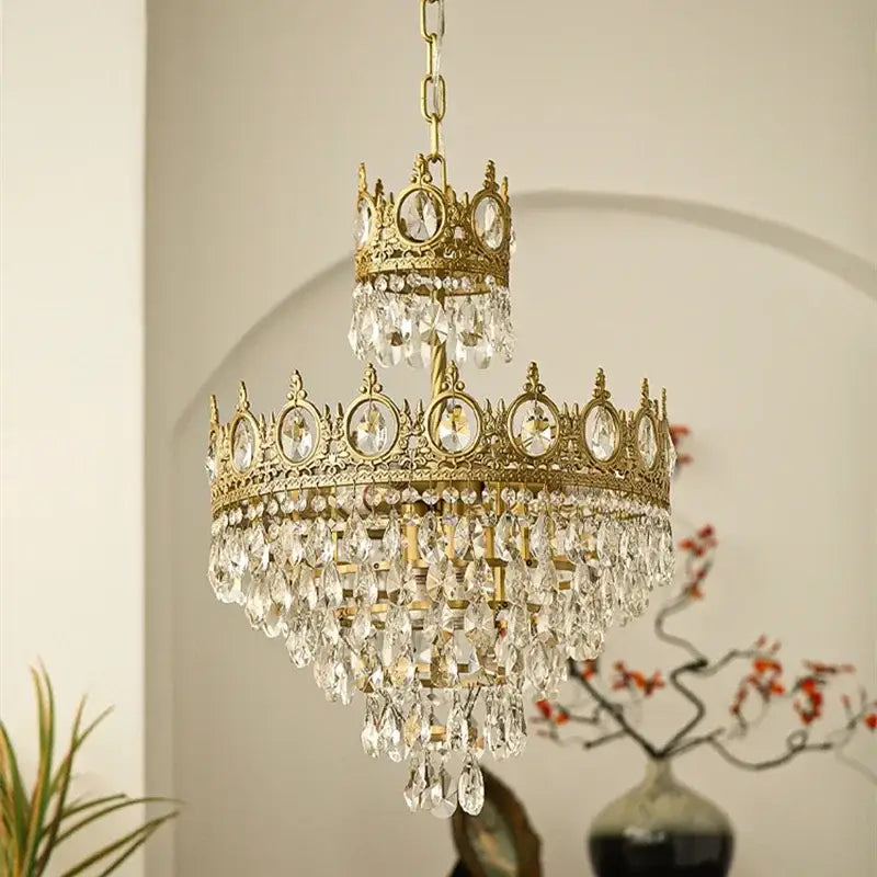 Gold Crystal Pendant Light with Crown-Shaped Design