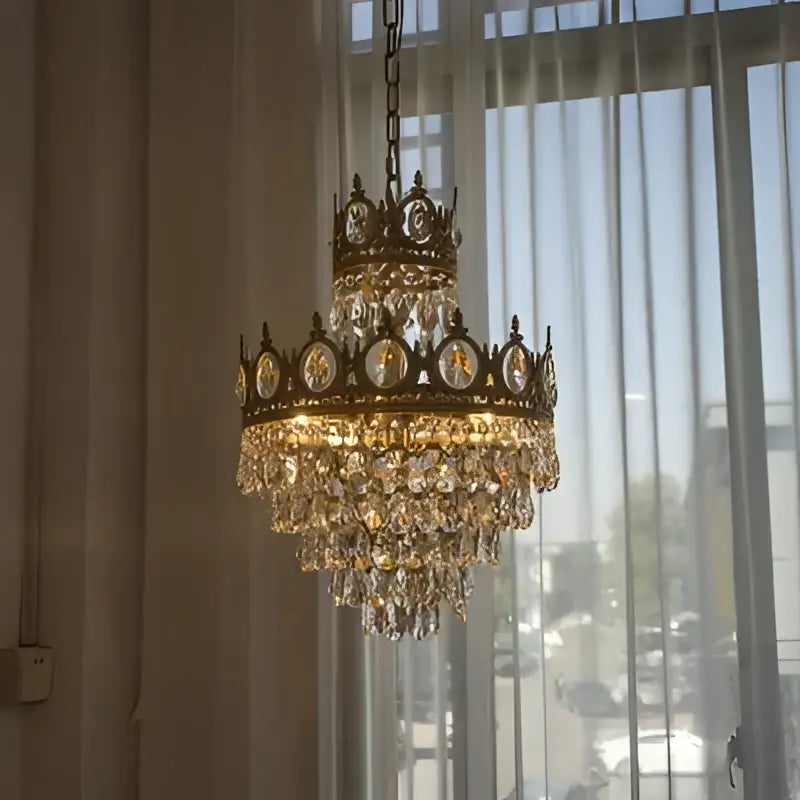 Gold Crystal Pendant Light with Crown-Shaped Design