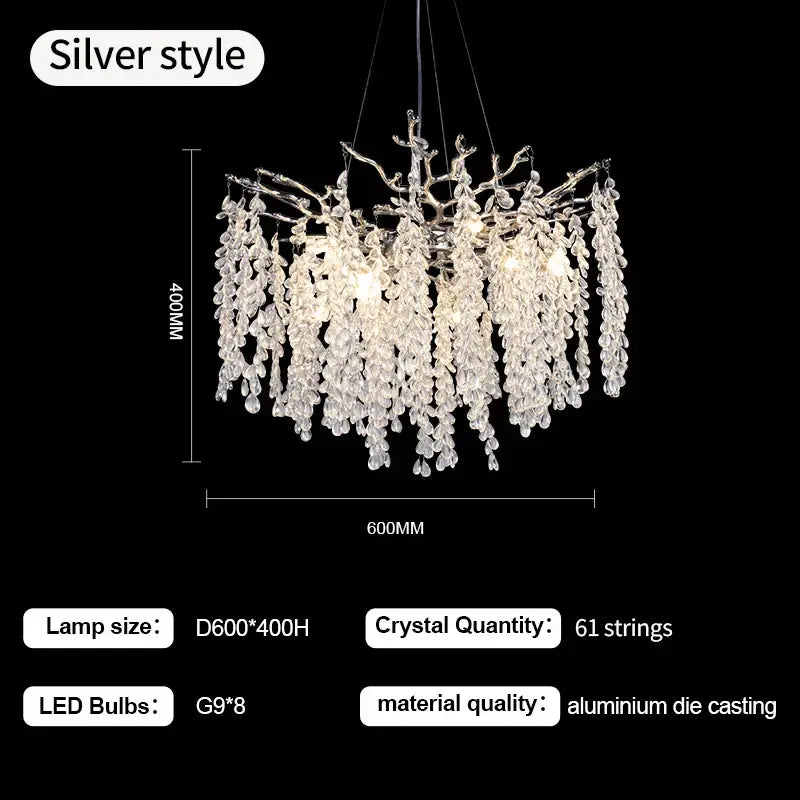 Silver Crystal Branch Pendant for Bedroom or Living Room