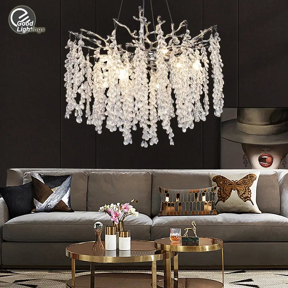 Silver Crystal Branch Pendant for Bedroom or Living Room