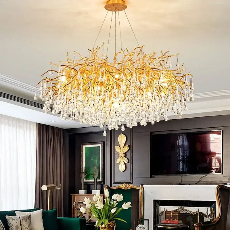Gold LED Branch Chandelier with Pendant or Ceiling Mount