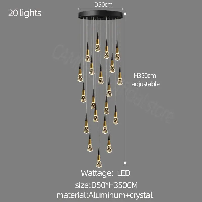 Gold Crystal Staircase Chandelier 20-Head