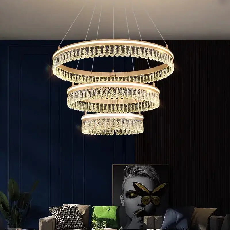 Gold Tiered Crystal Chandelier RC Dimmable