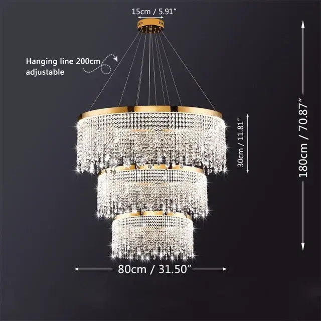 Gold Crystal Pendant Light 100cm Remote Dim
