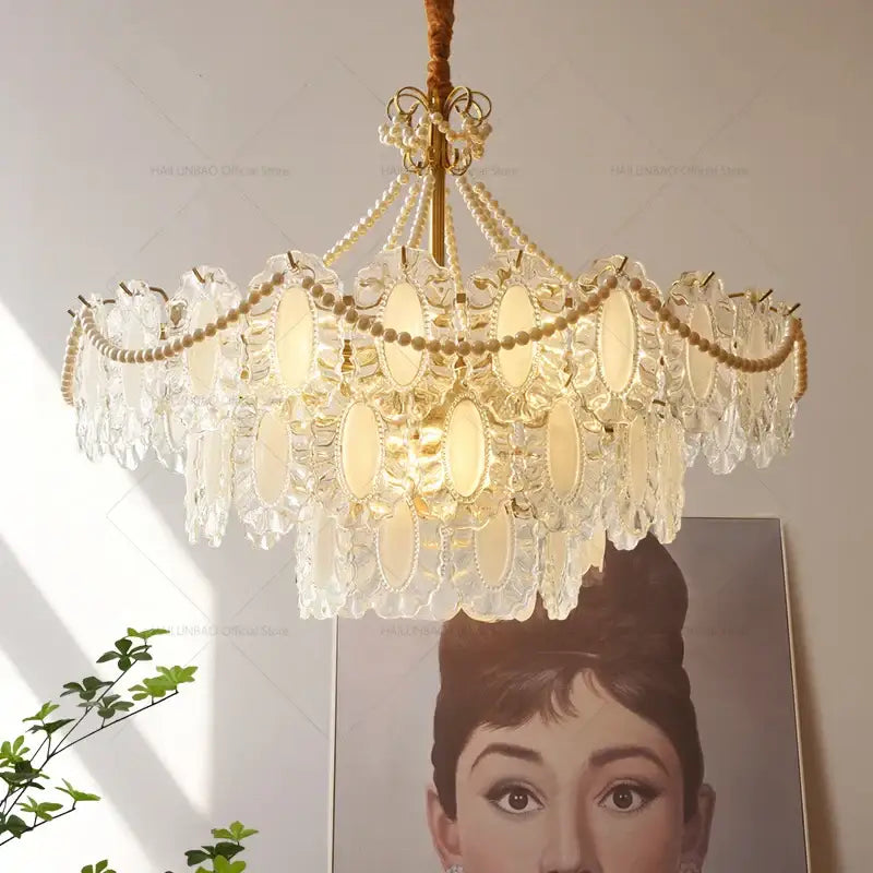 Gold Crystal Pearl Chandelier