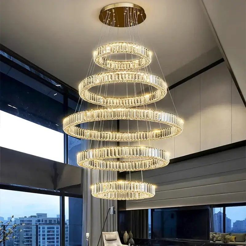 Gold Crystal Chandelier Light 5-Ring Spiral