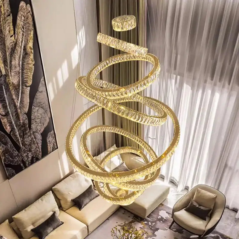 Gold Spiral Crystal Chandelier 9-Ring Living Room