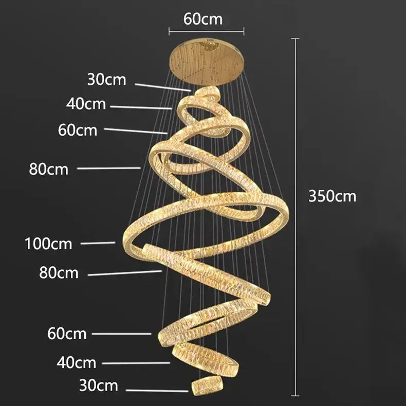Gold Spiral Crystal Chandelier 9-Ring Living Room