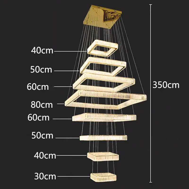 Gold Crystal Stair Chandelier Multi-Tiered 8-Ring