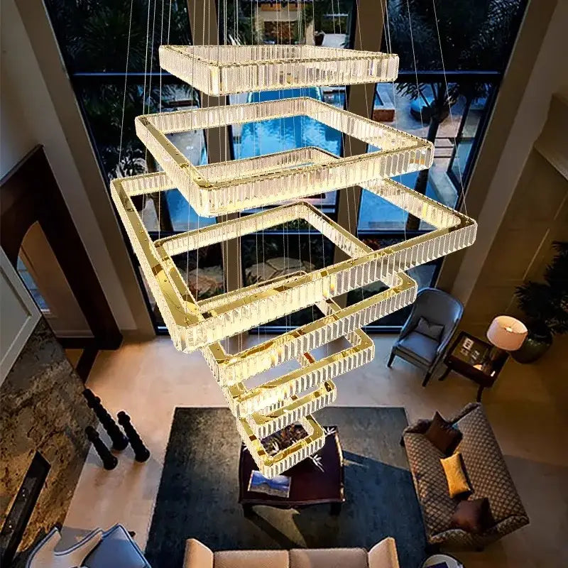 Gold Crystal Stair Chandelier Multi-Tiered 8-Ring