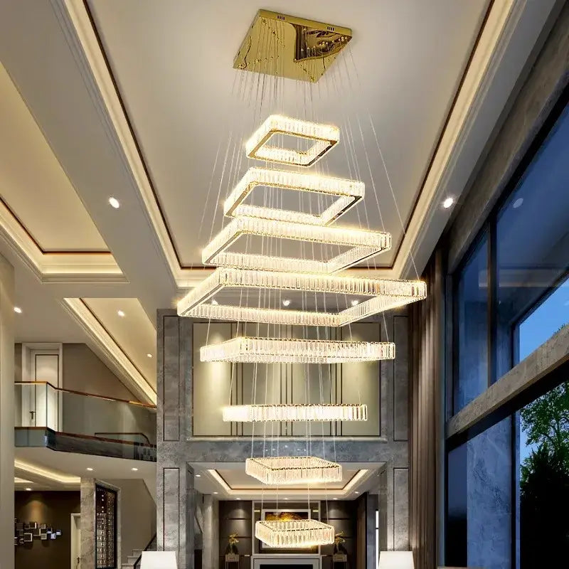 Gold Crystal Stair Chandelier Multi-Tiered 8-Ring