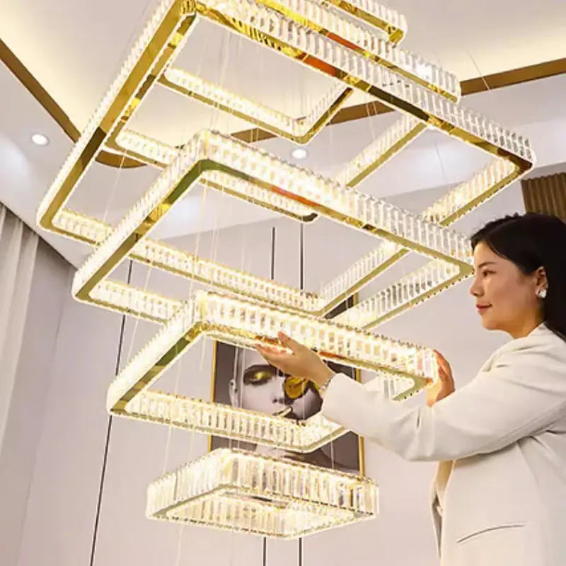 Gold Crystal Stair Chandelier Multi-Tiered 8-Ring