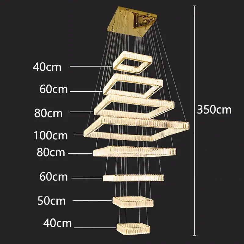 Gold Crystal Stair Chandelier Multi-Tiered 8-Ring