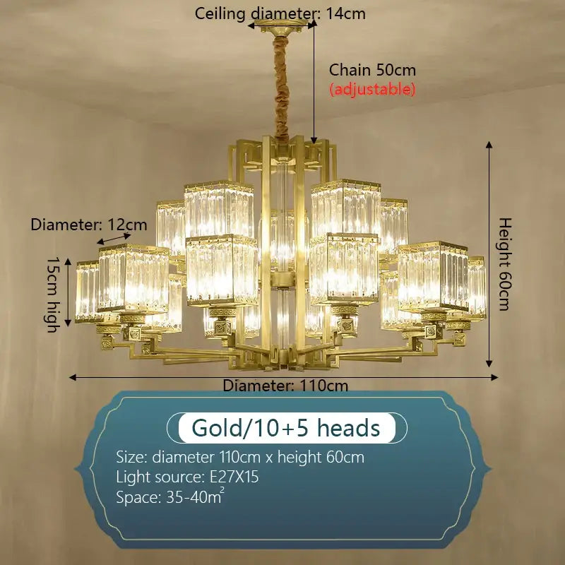 Bronze Crystal Chandelier 15-Head 110cm