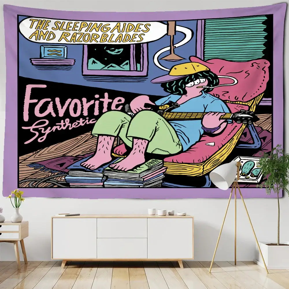Pink Cartoon Wall Tapestry