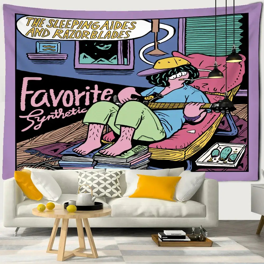 Pink Cartoon Wall Tapestry
