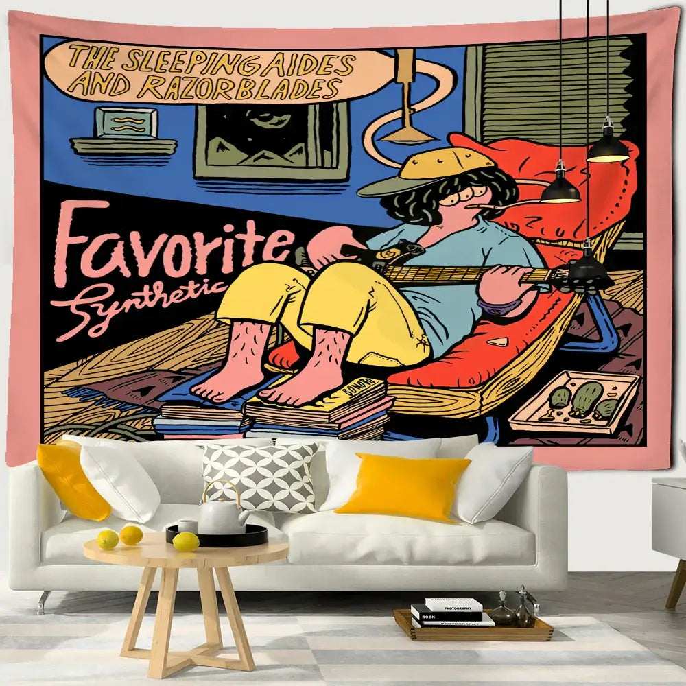Pink Cartoon Wall Tapestry