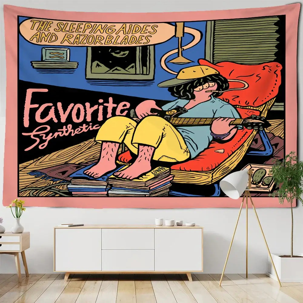 Pink Cartoon Wall Tapestry