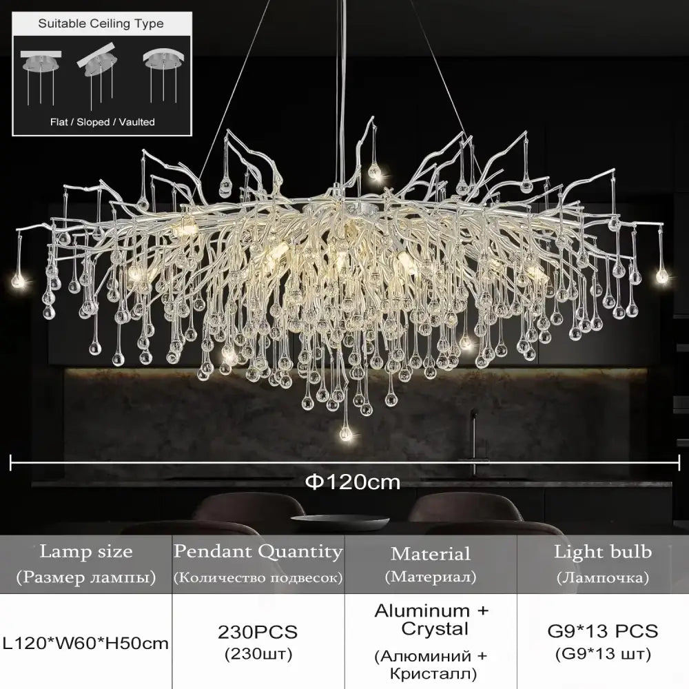 Chrome Crystal Branch Chandelier 60cm Ceiling Mount