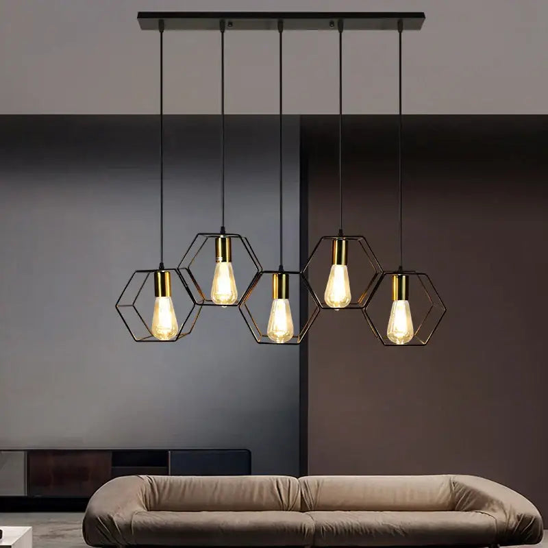 Black Brass LED 5-Head Geometric Chandelier