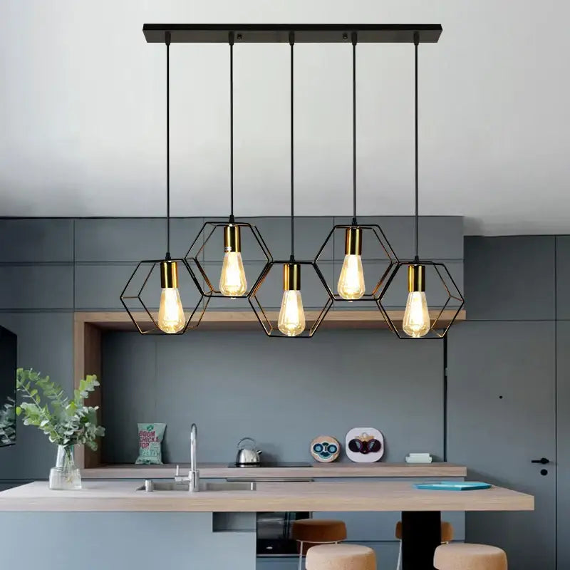 Black Brass LED 5-Head Geometric Chandelier