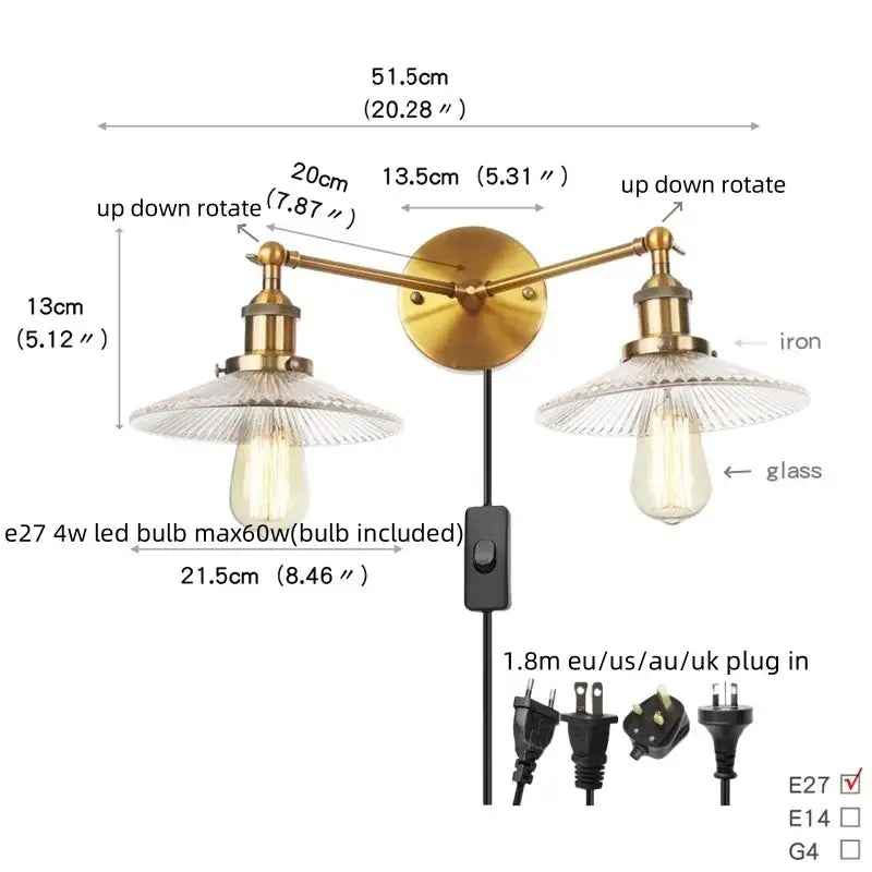 Chrome Glass Wall Sconce Dual-Light Industrial
